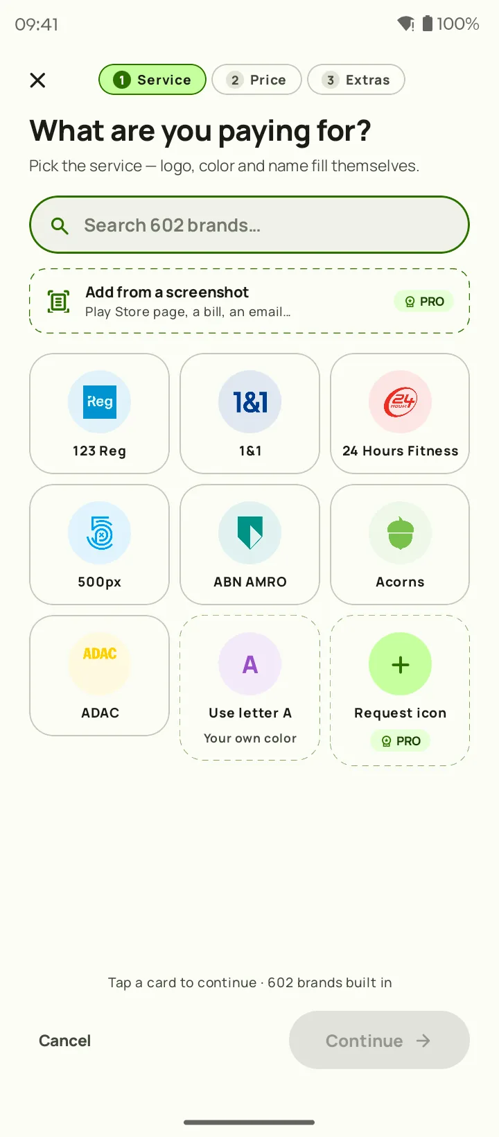Adding a subscription in Subby — step one, pick the service