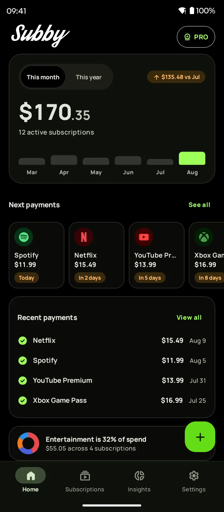 Subby home screen in true-black dark mode